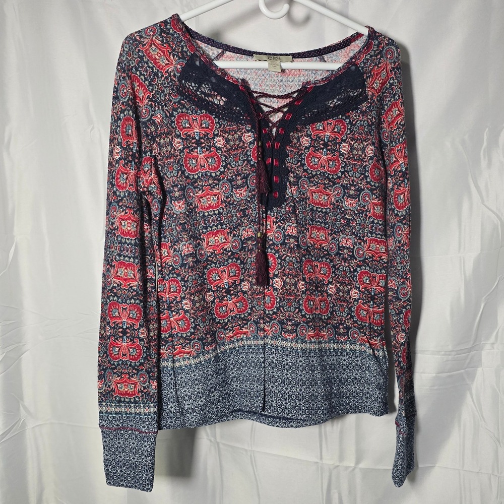 Vintage America Blues Womens Medium Red Blue Paisley Lace Up Boho Top